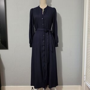 Boden Midnight Blue Button Front Linen Shirt Midi Collarless Classic Dress 6R